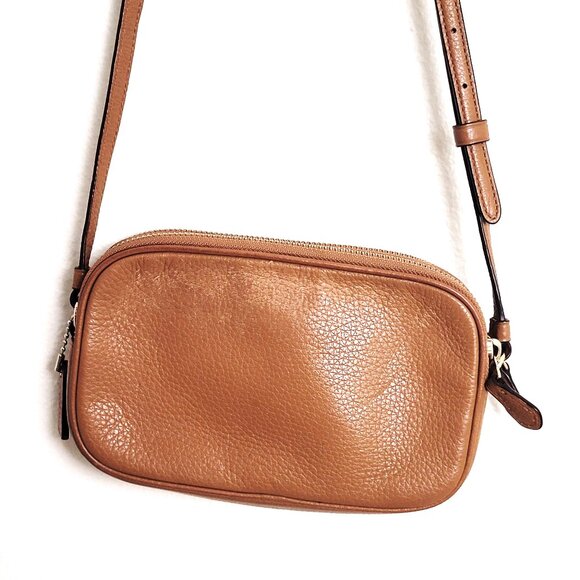 COACH Small Tan Leather Crossbody Bag Two Zip Compartments Adjustable Strap - Picture 2 of 6